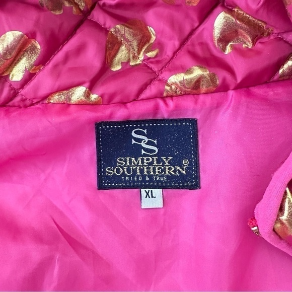 Simply Southern Pink Sleeveless Gold Elephant Print Puffer Jacket Women's XL - Picture 7 of 7
